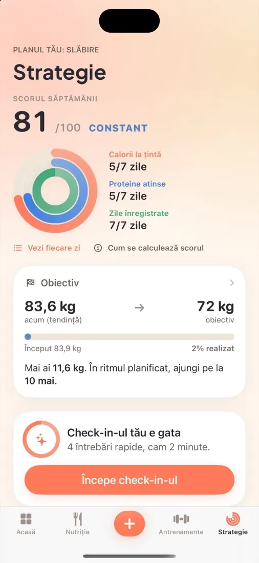 Ecranul Strategie din OttoPlate: scorul săptămânii și obiectivul de greutate